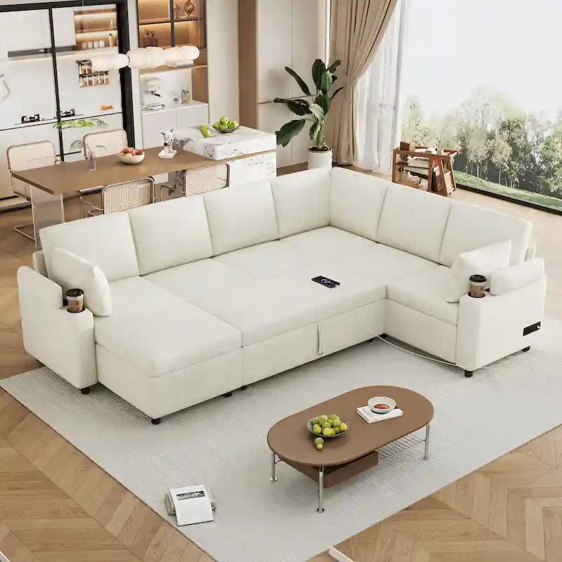 Sofa modułowa w kształcie litery U z chenille, z 2 uchwytami na kubki i portami ładowania, sofa rozkładana do salonu