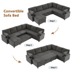 Sofa modułowa w kształcie litery U z chenille, z 2 uchwytami na kubki i portami ładowania, sofa rozkładana do salonu