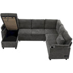 Sofa modułowa w kształcie litery U z chenille, z 2 uchwytami na kubki i portami ładowania, sofa rozkładana do salonu