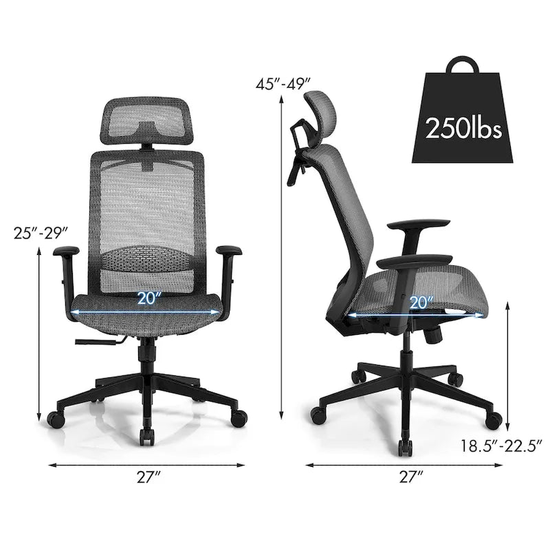 Ergonomiczne krzesło biurowe z wysokim oparciem i siatką, z funkcją odchylania, regulowane krzesło biurowe do użytku domowego