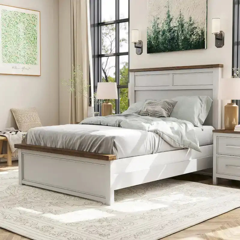 Nowoczesne łóżko panelowe z drewna sosnowego w stylu wiejskim, rama z litego drewna, styl rustykalny, meble do sypialni