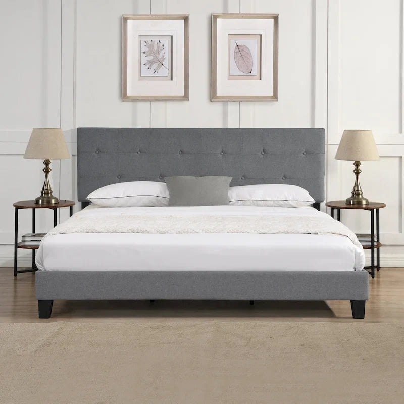 Grey King Linen Bed with Tufted Headboard