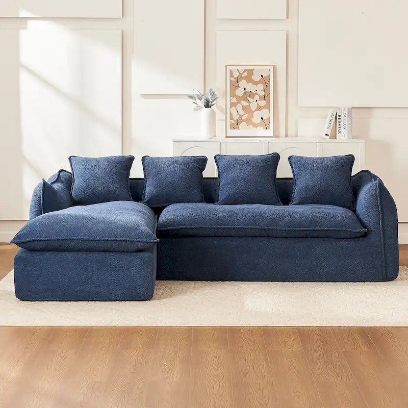 106,3 cala: Sofa narożna w kształcie litery „L” z 3 miejscami, szezlongiem i 4 poduszkami