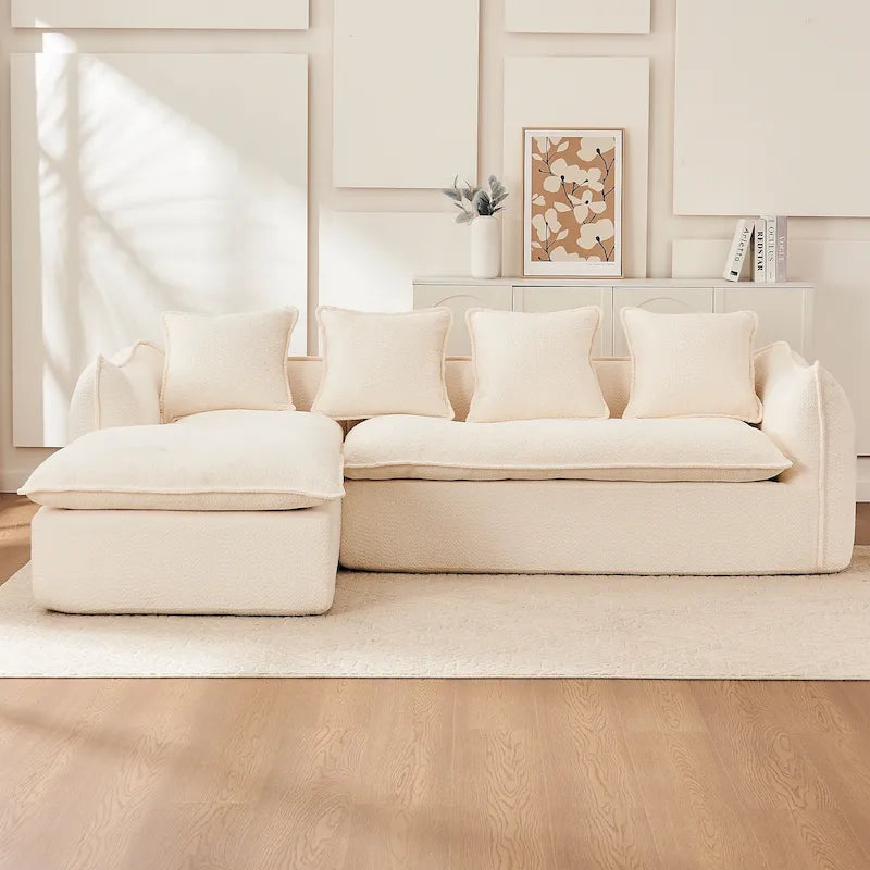 106,3 cala: Sofa narożna w kształcie litery „L” z 3 miejscami, szezlongiem i 4 poduszkami