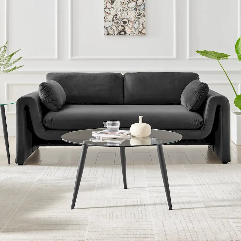 Stolik kawowy ze szklanym blatem i zwężanymi drewnianymi nogami, stolik akcentujący do salonu w stylu Mid-Century Modern