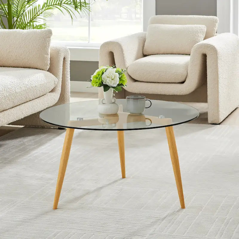 Stolik kawowy ze szklanym blatem i zwężanymi drewnianymi nogami, stolik akcentujący do salonu w stylu Mid-Century Modern