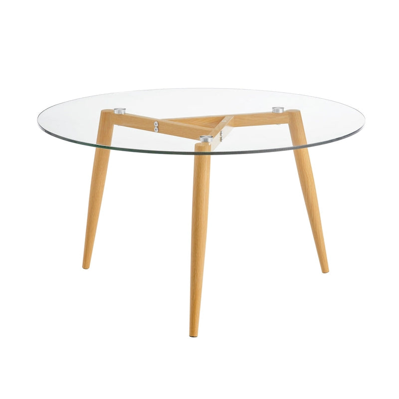 Stolik kawowy ze szklanym blatem i zwężanymi drewnianymi nogami, stolik akcentujący do salonu w stylu Mid-Century Modern