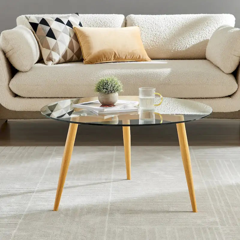 Stolik kawowy ze szklanym blatem i zwężanymi drewnianymi nogami, stolik akcentujący do salonu w stylu Mid-Century Modern