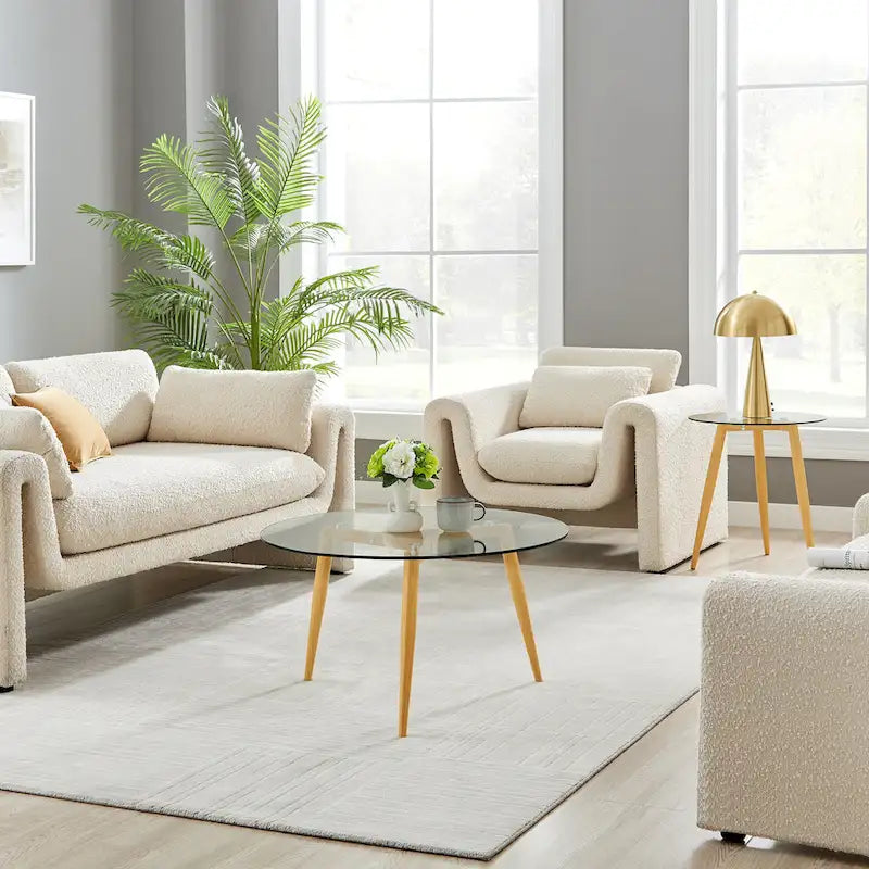 Stolik kawowy ze szklanym blatem i zwężanymi drewnianymi nogami, stolik akcentujący do salonu w stylu Mid-Century Modern