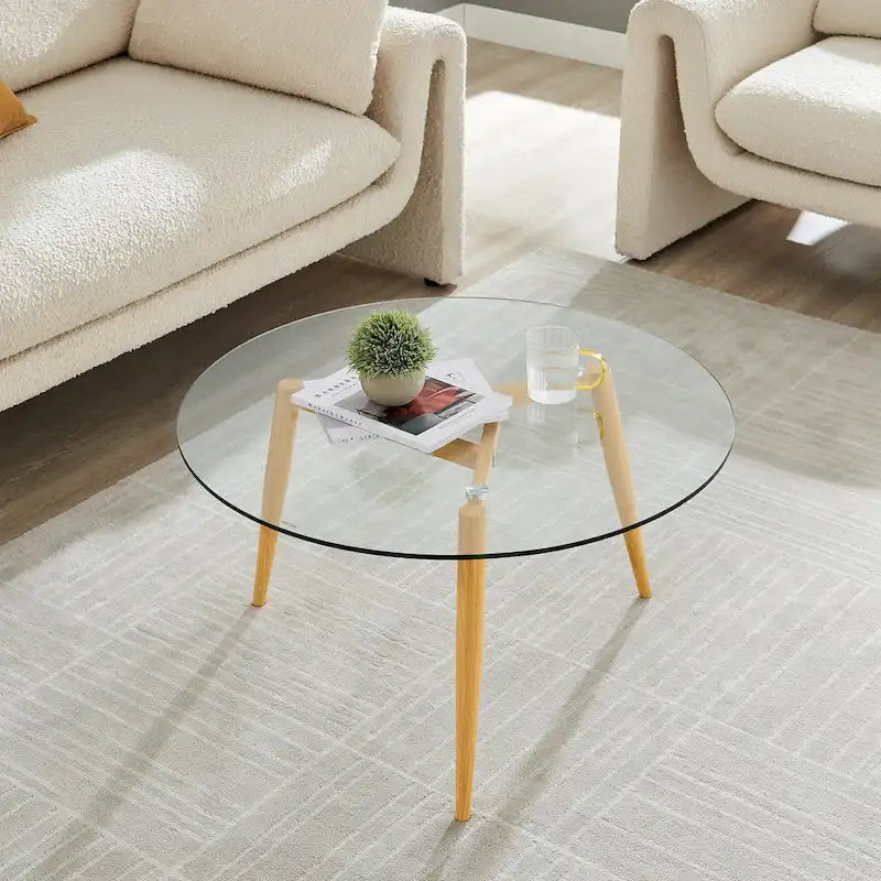 Stolik kawowy ze szklanym blatem i zwężanymi drewnianymi nogami, stolik akcentujący do salonu w stylu Mid-Century Modern